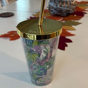 Lilly Pulitzer “Mermaid in the Shade” Tumbler with Gold Lid & Gold Straw